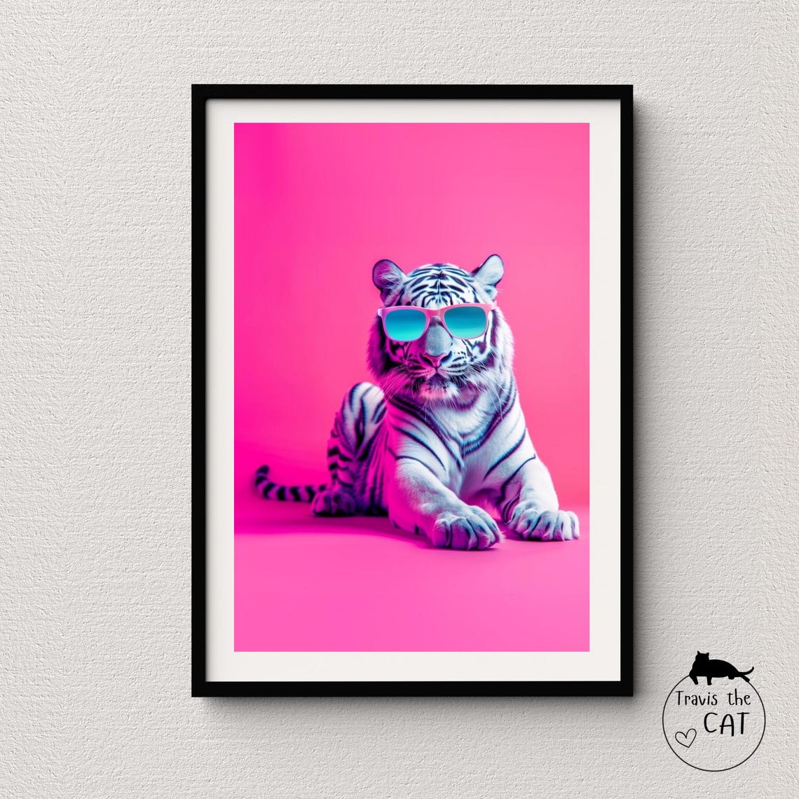 White Tiger Cub in Pink Sunglasses on Hot Pink Pop Art Poster