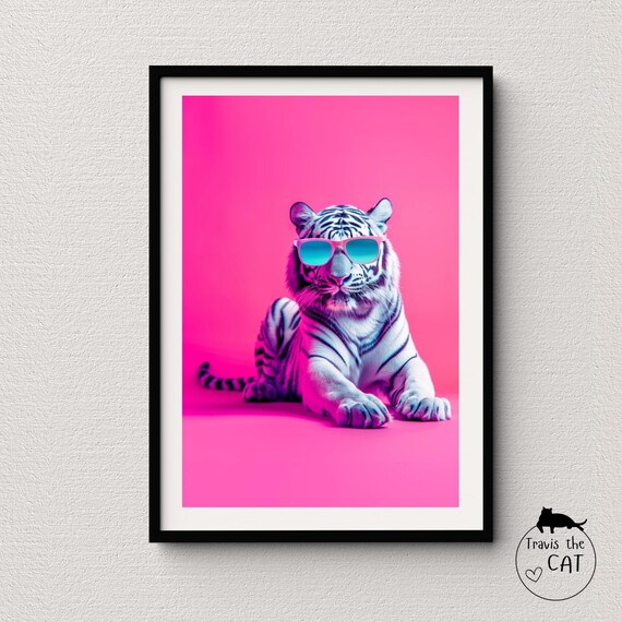White Tiger Cub in Pink Sunglasses on Hot Pink Pop Art Poster