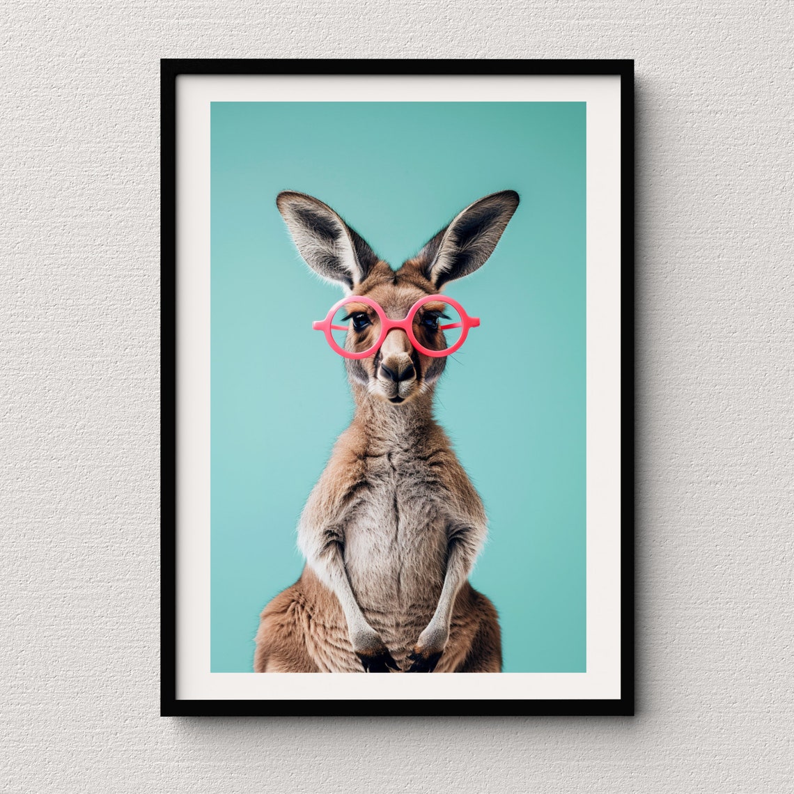 Kangaroo in Pink Round Glasses on Mint Background Quirky Pop Poster
