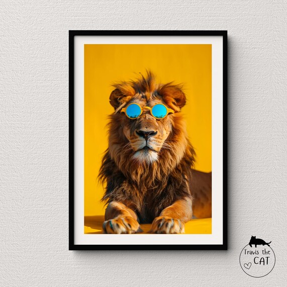 Lion in Yellow Round Sunglasses on Yellow Pop Art Animal Poster