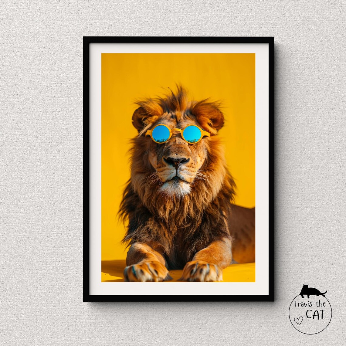 Lion in Yellow Round Sunglasses on Yellow Pop Art Animal Poster