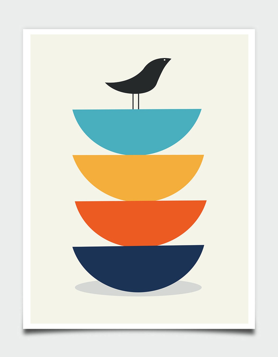 Blackbird Perched on Colorful Stacked Bowls Mid Century Bird Poster - Image 4