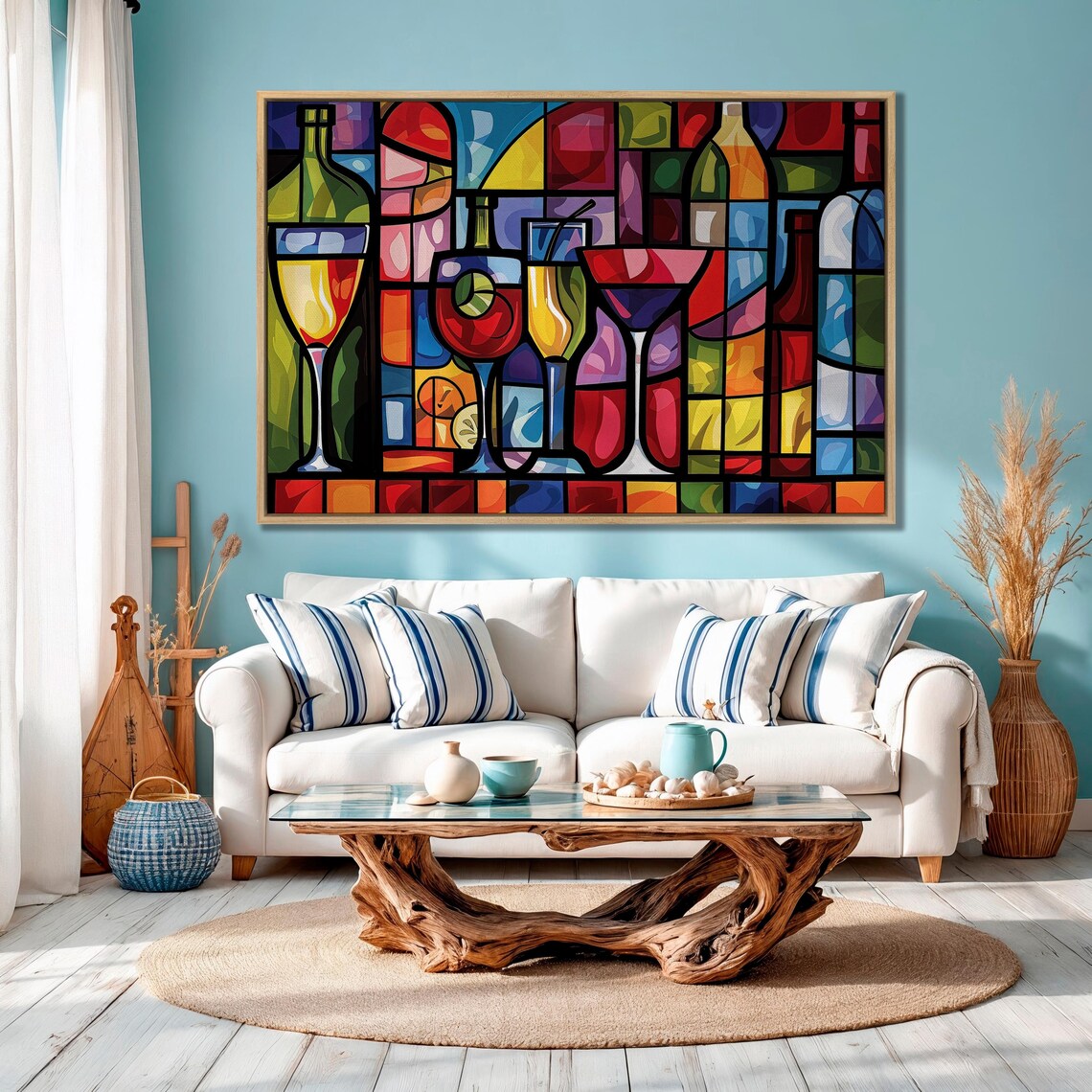 Stained Glass Cocktail Bar With Wine Bottles And Martini Print - Image 2