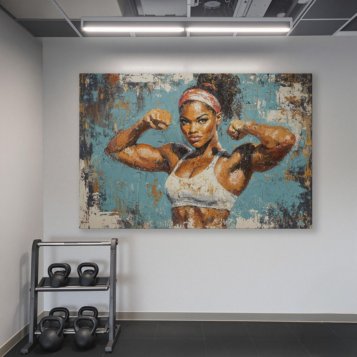 Muscular Black Woman Flexing Biceps Against Vibrant Teal Backdrop Poster - Image 6