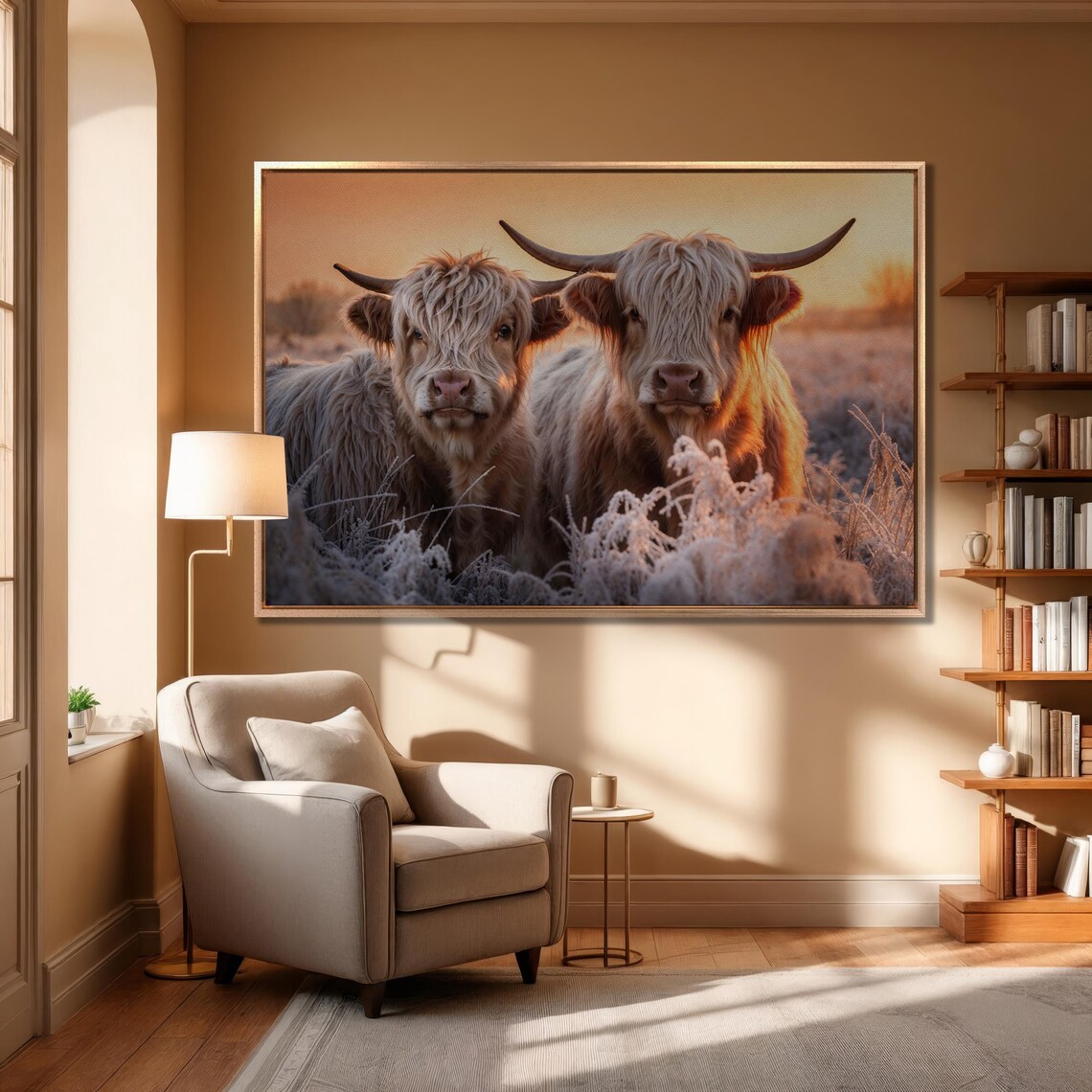 Pair Of White Highland Cows In Frosty Field At Golden Sunset Poster - Image 4
