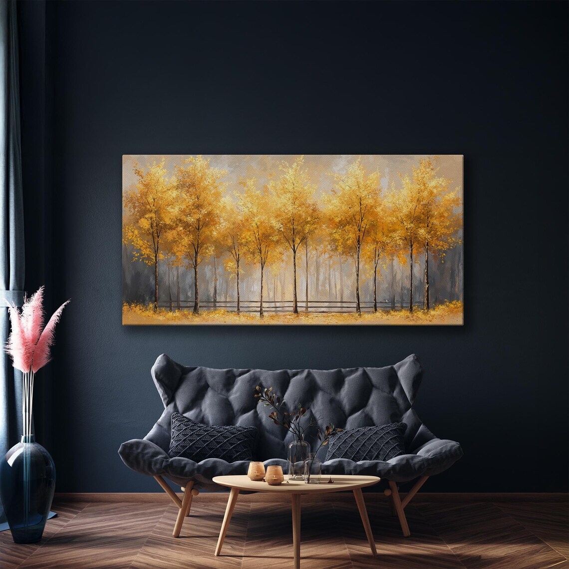 Golden Autumn Trees Row in Misty Gray Forest Elegant Art Poster - Image 4