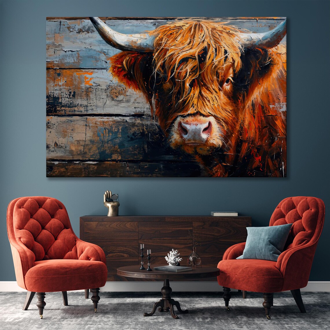 Highland Cow Portrait Against Rustic Wood Wall Farmhouse Art Poster - Image 3