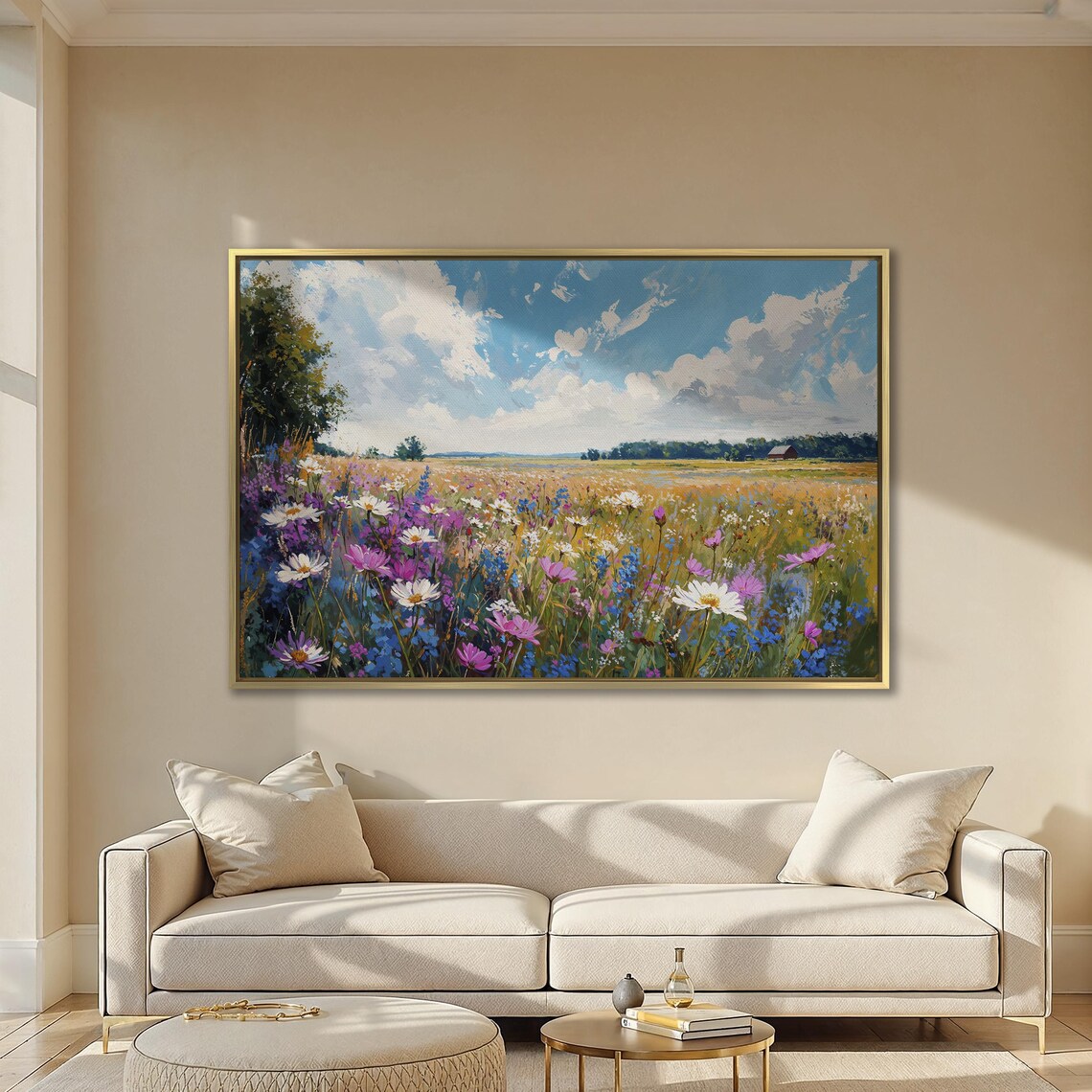 Spring Wildflower Field Of Cosmos Daisies And Red Barn Poster - Image 2