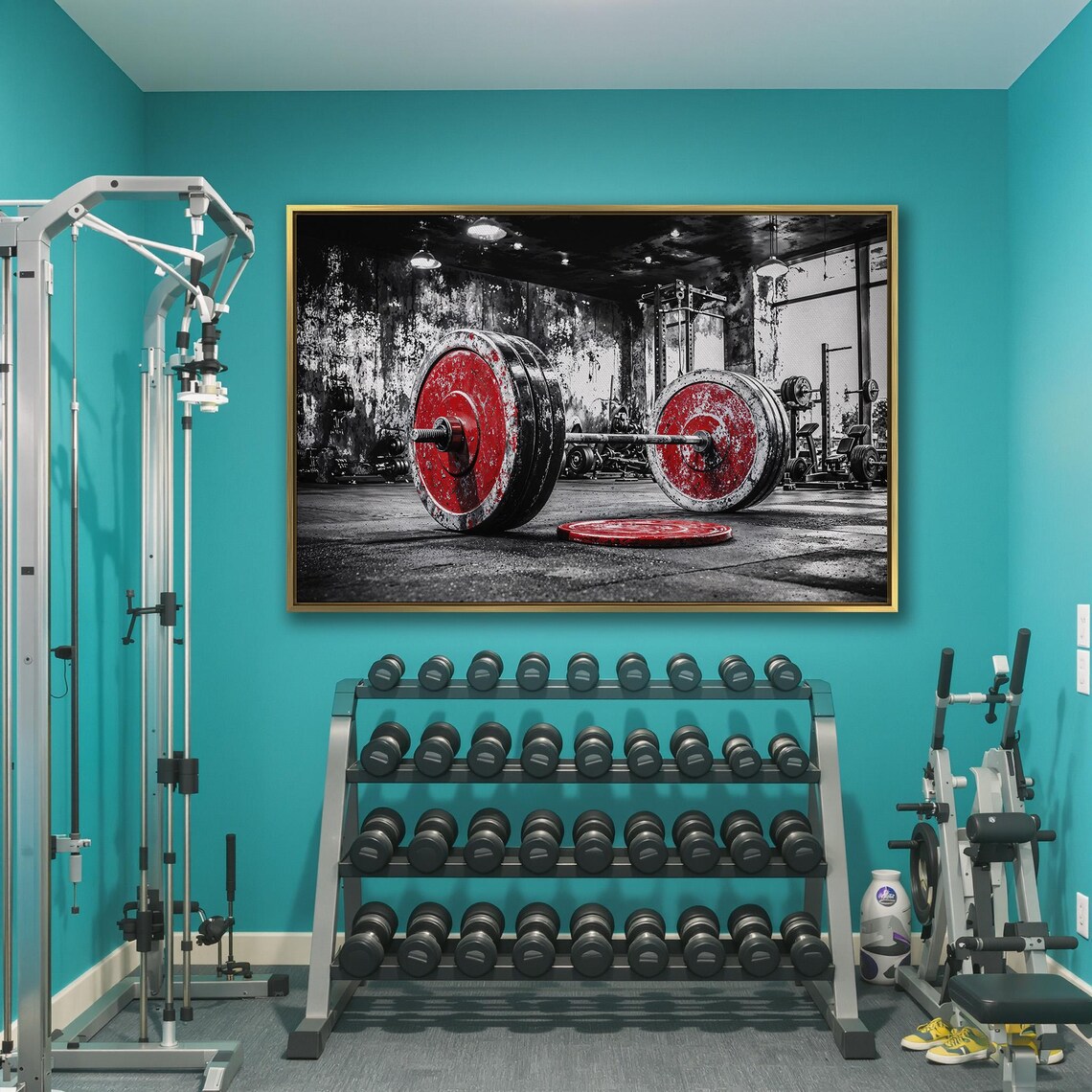 Red Barbell Plates In Black And White Grunge Gym Photo Poster - Image 3