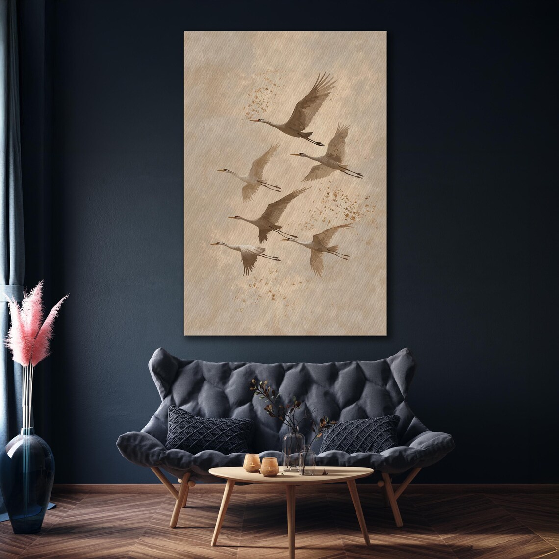 Six Cranes in Flight Sepia Tones Minimalist Bird Elegant Art Poster - Image 3