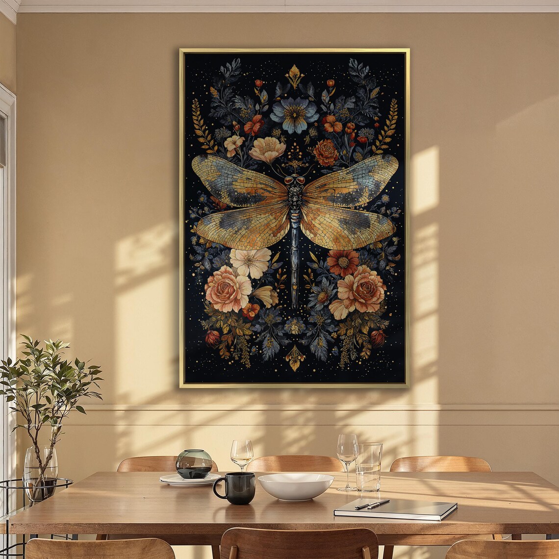 Golden Dragonfly With Ornate Rose Wreath Night Garden Poster - Image 2