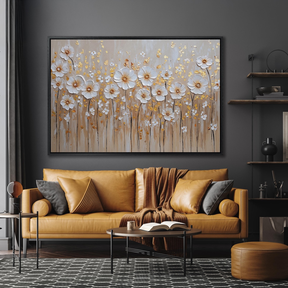 White Flowers Field with Gold Petals Impasto Meadow Elegant Art Poster - Image 5