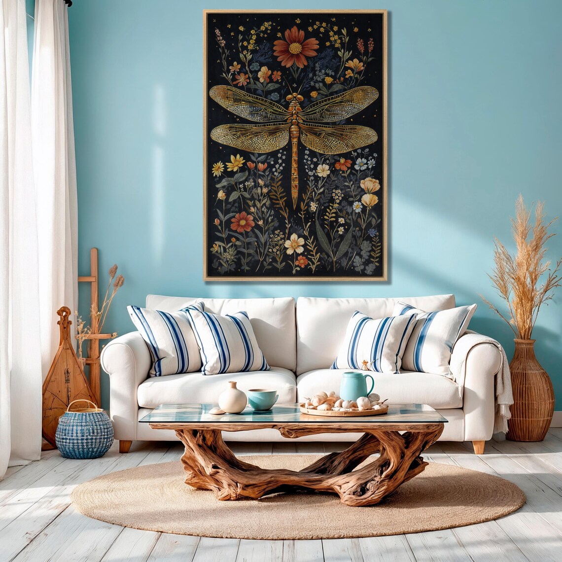 Golden Mosaic Winged Dragonfly Among Wildflowers on Black Poster - Image 4