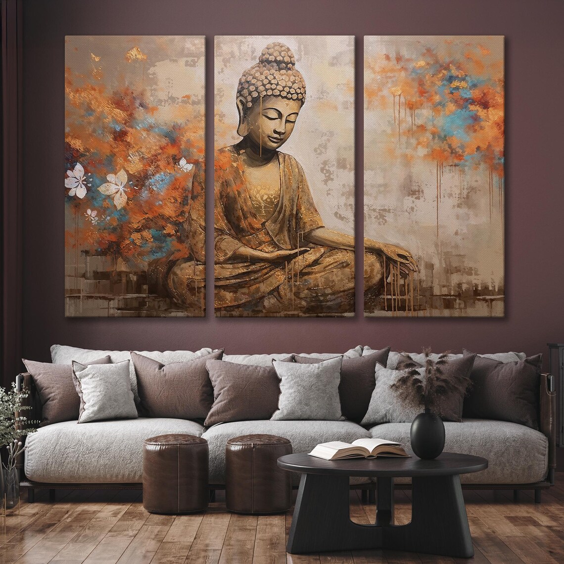 Serene Meditating Buddha Gold Teal Abstract Oil Painting Poster - Image 6