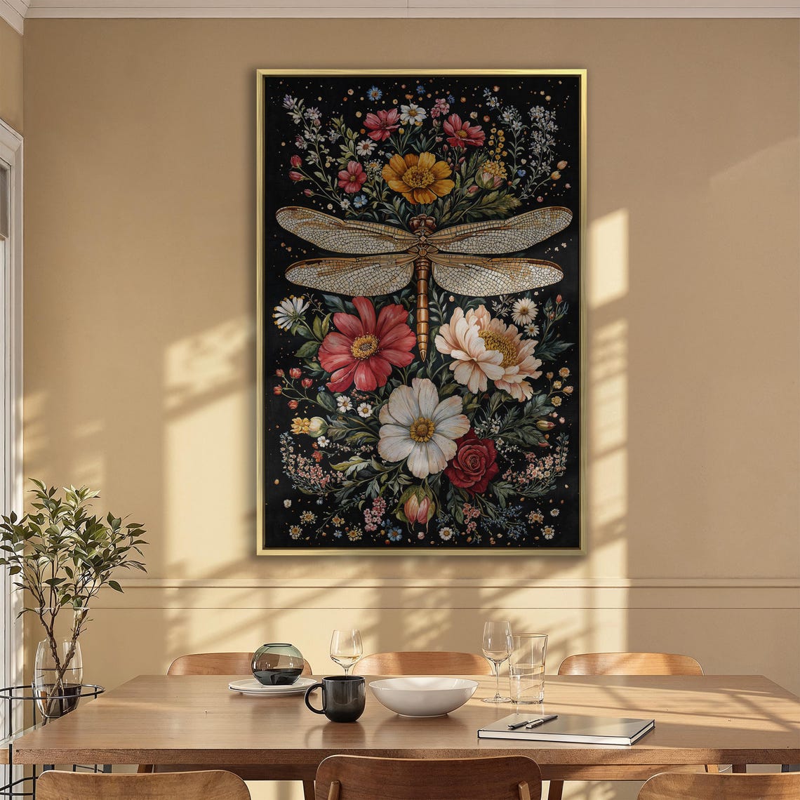 Golden Dragonfly Hovering Over a Lush Flower Bouquet on Black Poster - Image 2