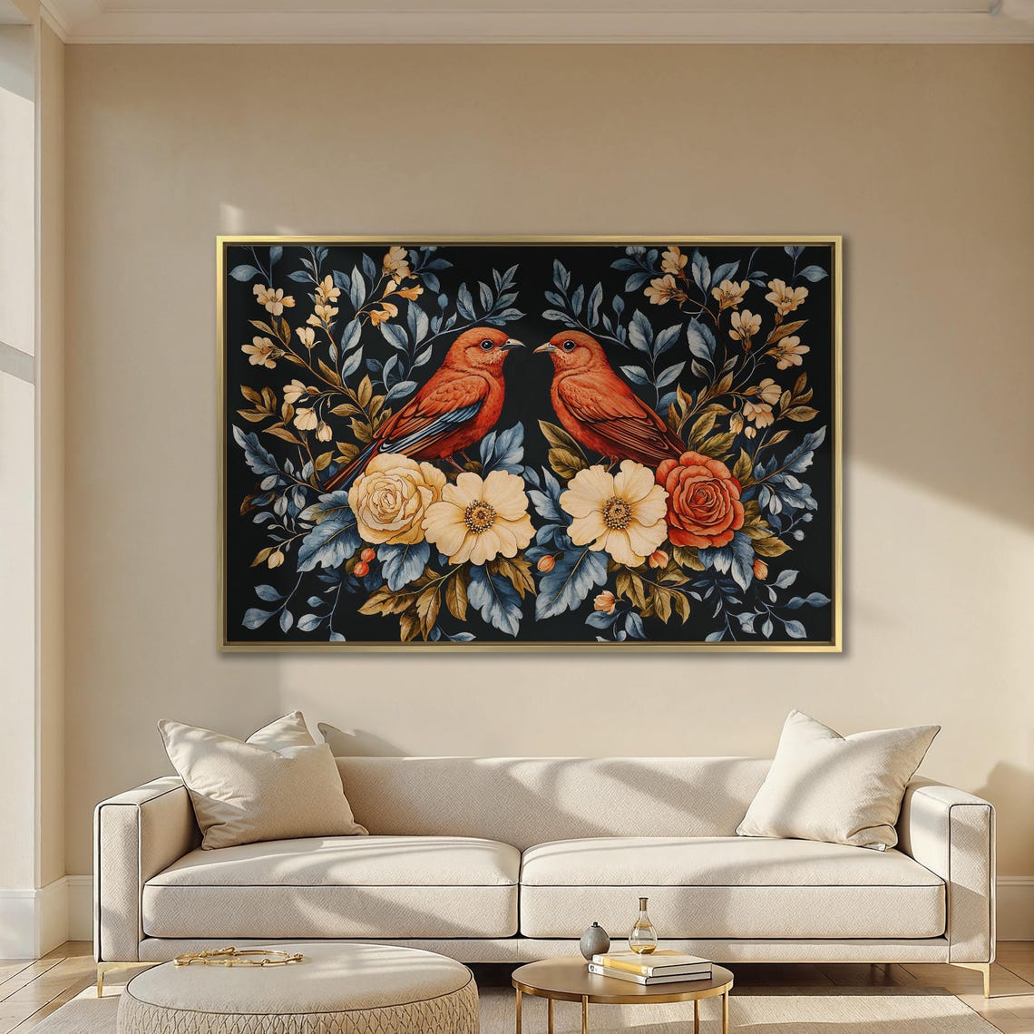 Two Red Birds Among Roses on a Dark Floral Botanical Art Poster - Image 2
