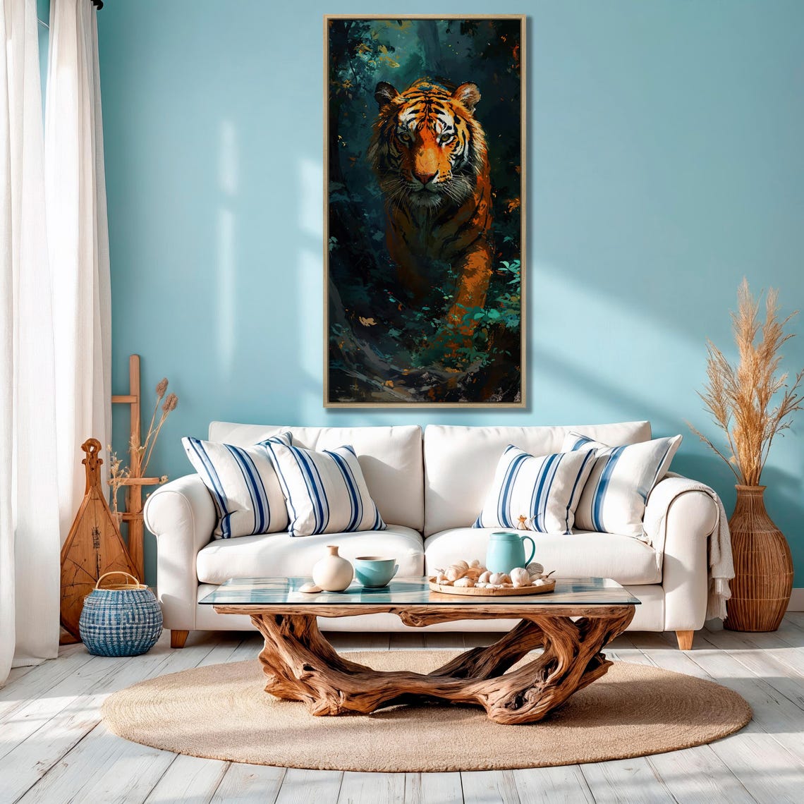 Orange Tiger In Dark Jungle Painted Wildlife Portrait Wall Art - Image 3
