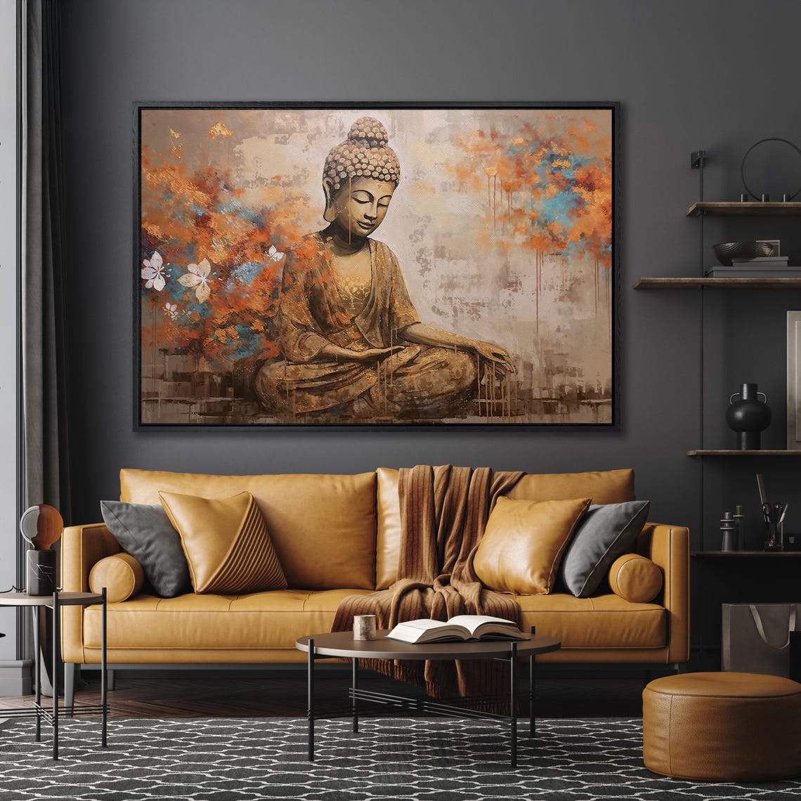 Serene Meditating Buddha Gold Teal Abstract Oil Painting Poster - Image 5