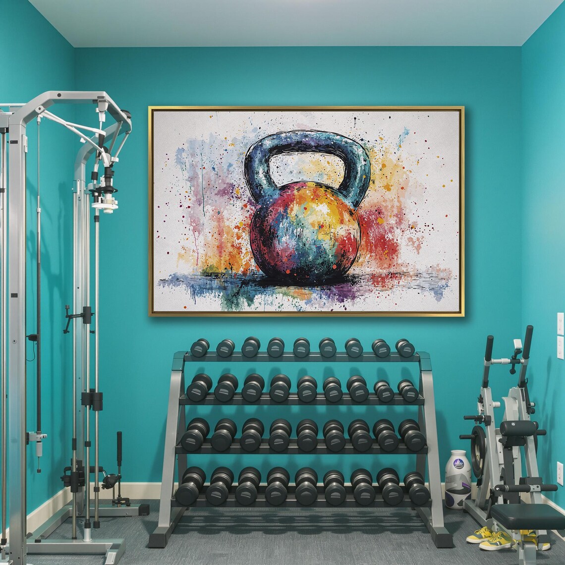 Colorful Watercolor Kettlebell With Paint Splashes Gym Poster - Image 3