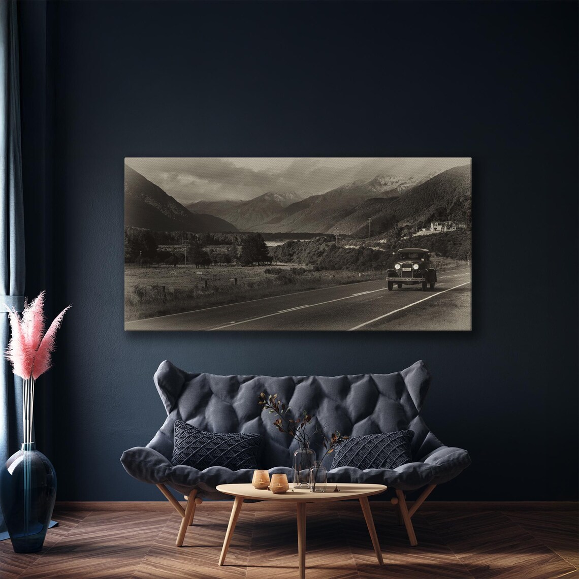 Classic Vintage Car on Mountain Highway Black White Panoramic Poster - Image 3