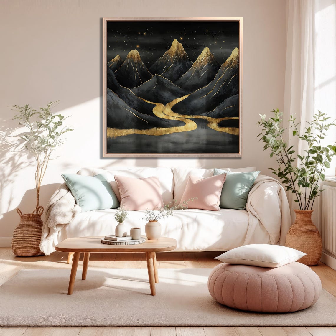 Starry Night Black Mountain Peaks with Golden River Valley Poster - Image 2