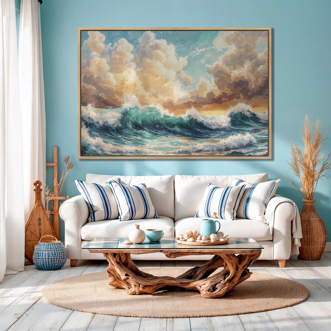 Turquoise Waves At Sunset With Golden Clouds Seascape Poster - Image 4