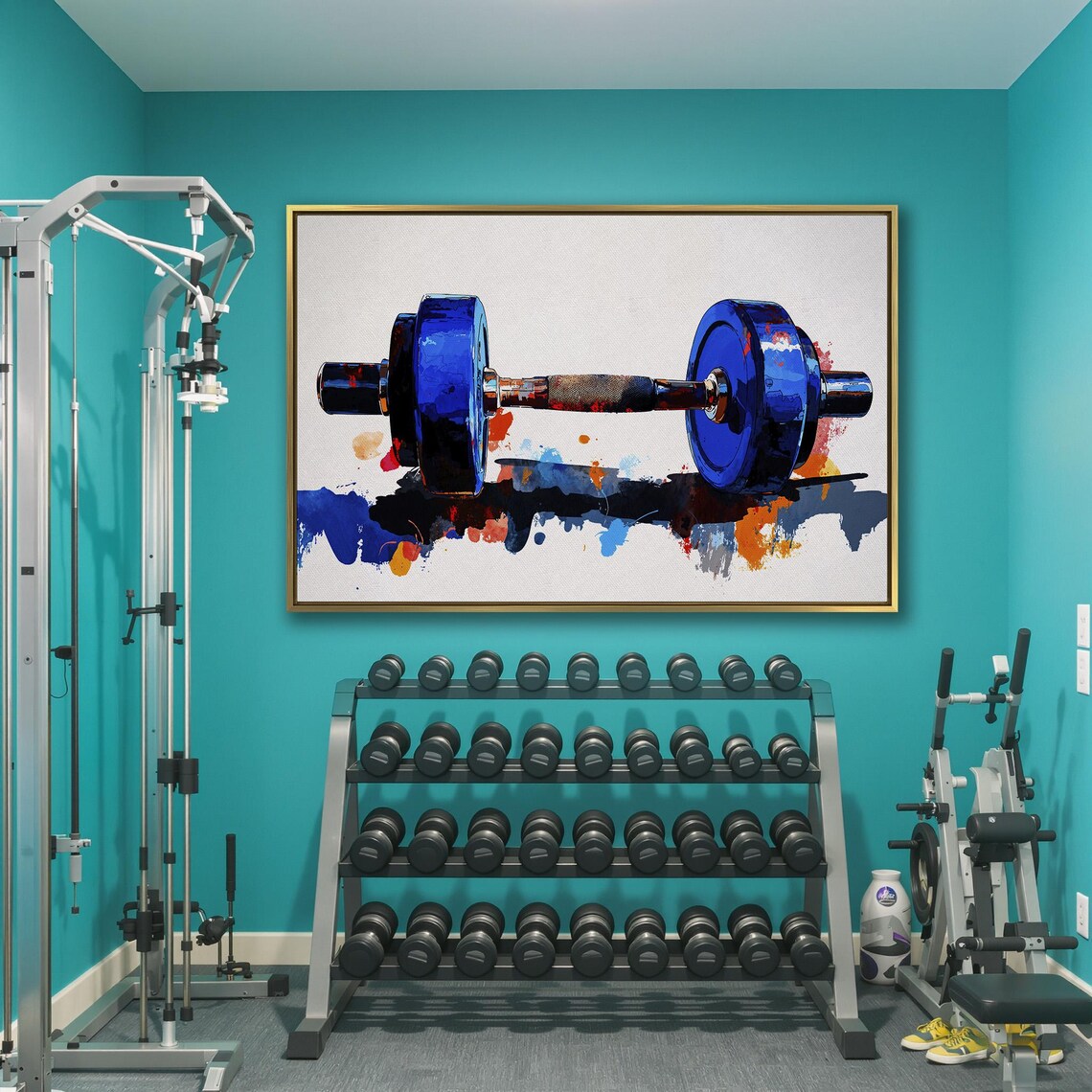 Bold Blue Dumbbell With Vibrant Color Splash Gym Fitness Poster - Image 3