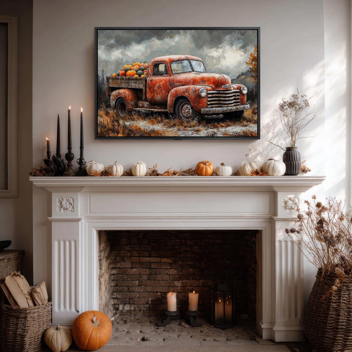 Rusty Orange Vintage Pickup Truck Pumpkin Harvest Fall Farm Poster