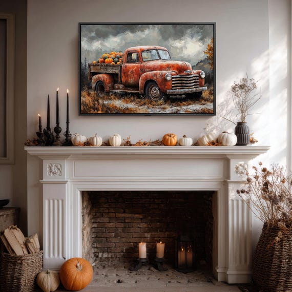 Rusty Orange Vintage Pickup Truck Pumpkin Harvest Fall Farm Poster