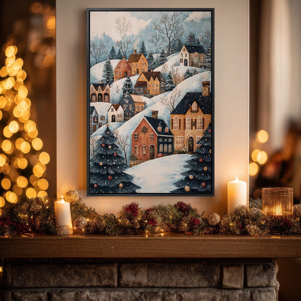 Snowy Christmas Village Hillside Town Decorated Trees Festive Poster