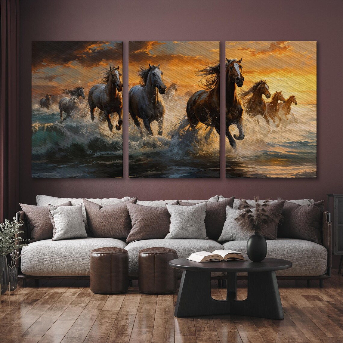 Horses Running Through Ocean Waves Golden Sunset Large Wall Art - Image 6