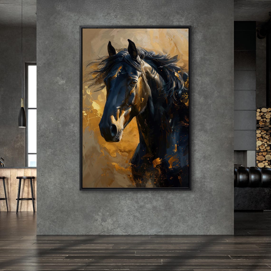 Black Horse Portrait Golden Abstract Background Equestrian Wall Art - Image 6