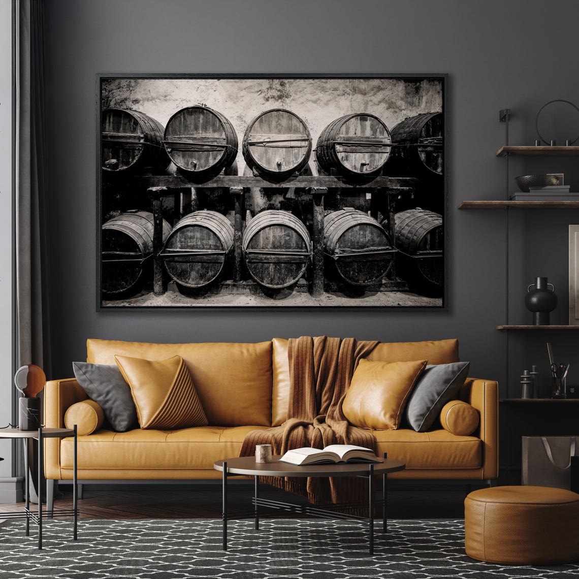 Stacked Wine Barrels Winery Cellar Black And White Large Wall Art - Image 5