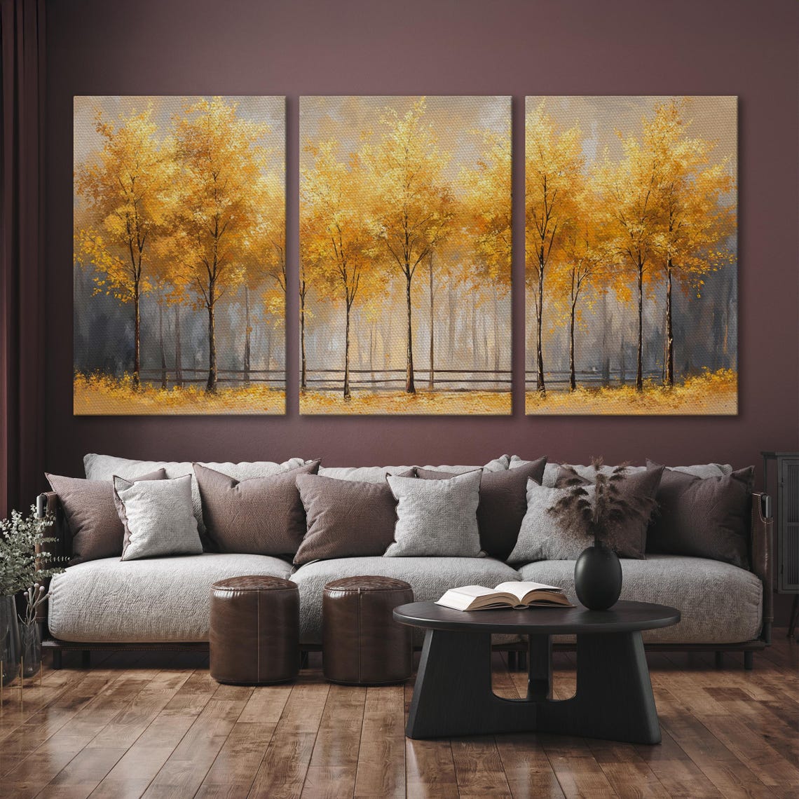 Golden Autumn Trees Row in Misty Gray Forest Elegant Art Poster - Image 6