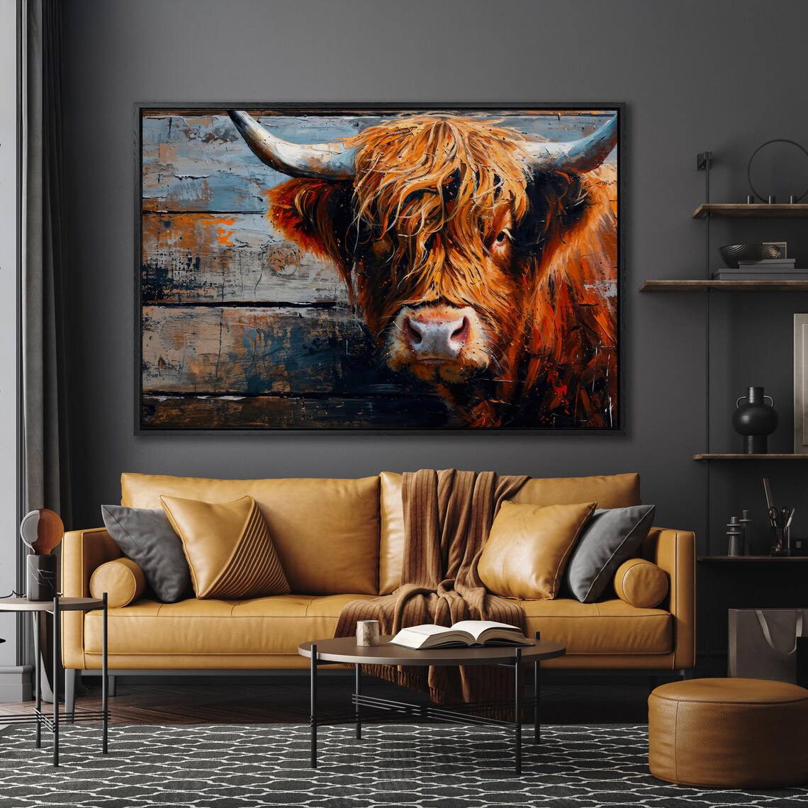 Highland Cow Portrait Against Rustic Wood Wall Farmhouse Art Poster - Image 4