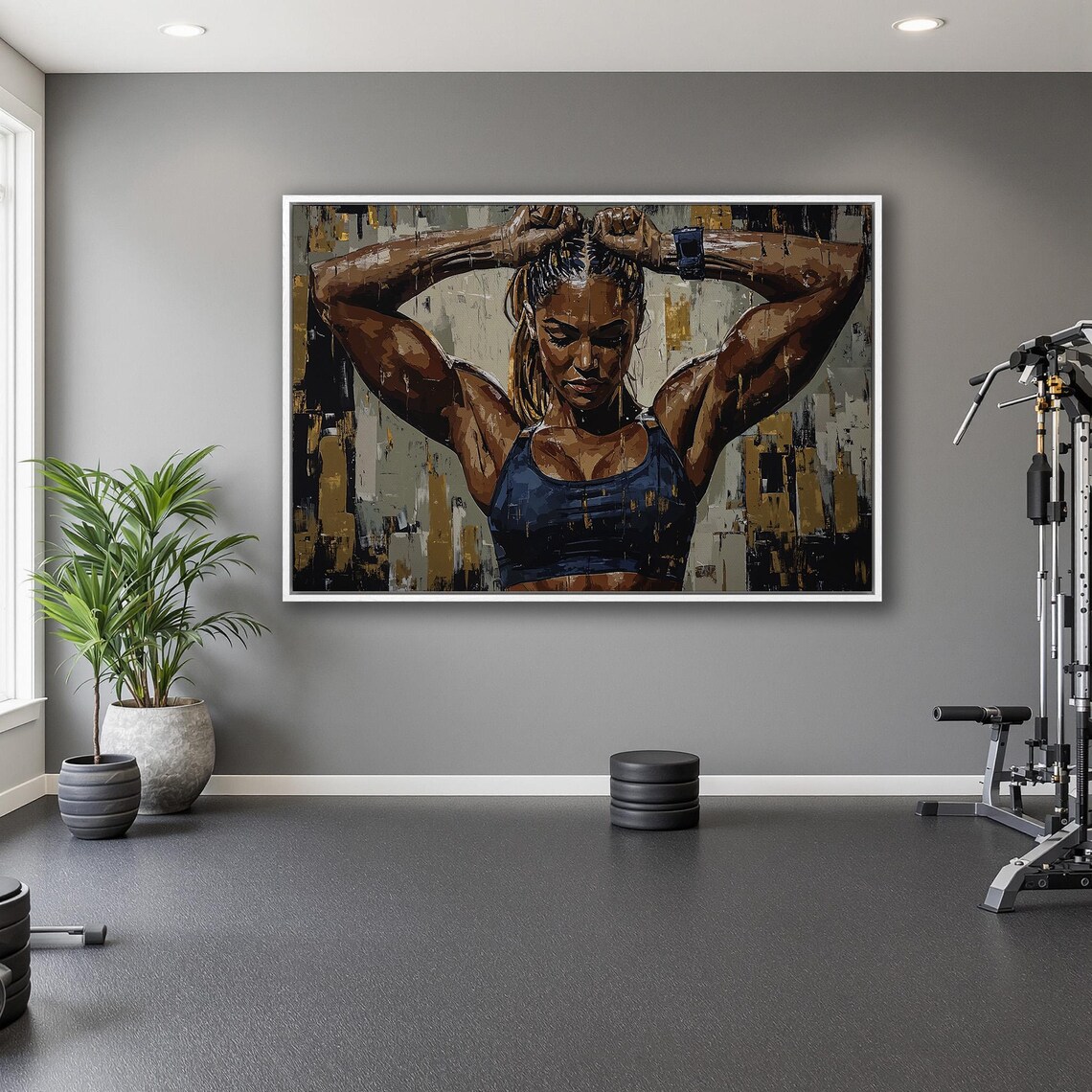 Strong Woman Tying Hair Up Fitness Portrait in Blue and Gold Poster - Image 5