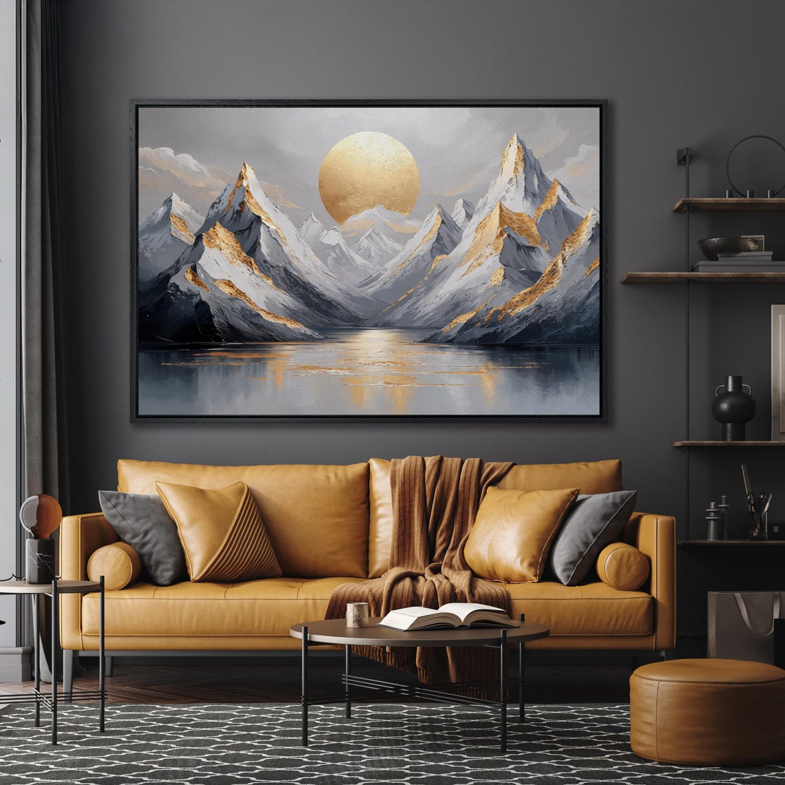 Golden Sun Rising Over Gray Mountains and Calm Lake Art Poster - Image 5