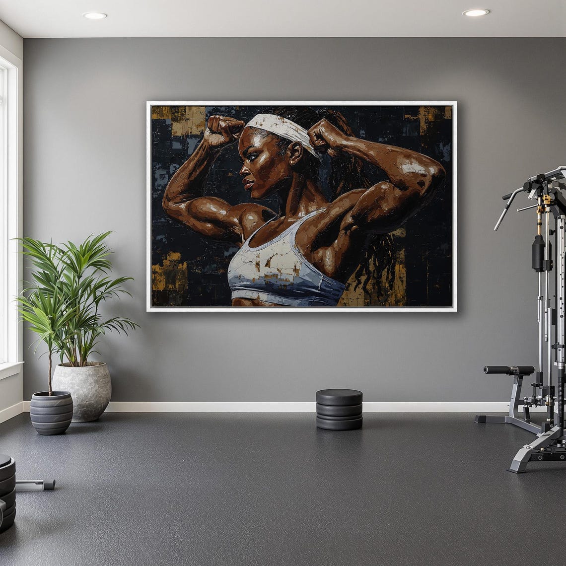 Powerful Woman Flexing with White Headband Dark Gold Fitness Poster - Image 5