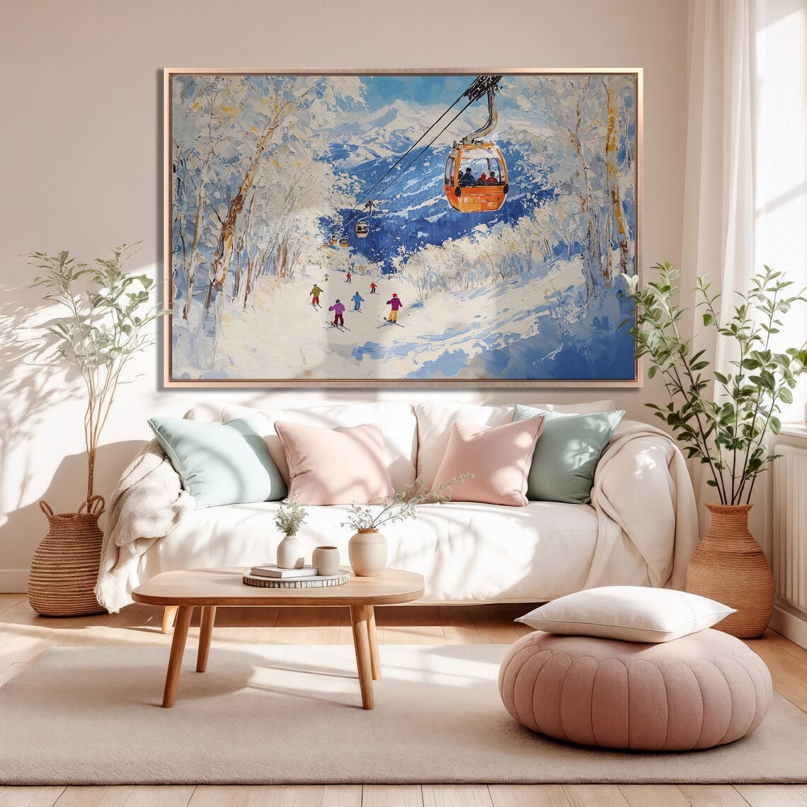 Skiers on Sunny Slope Under Orange Gondola Mountain Ski Poster - Image 5