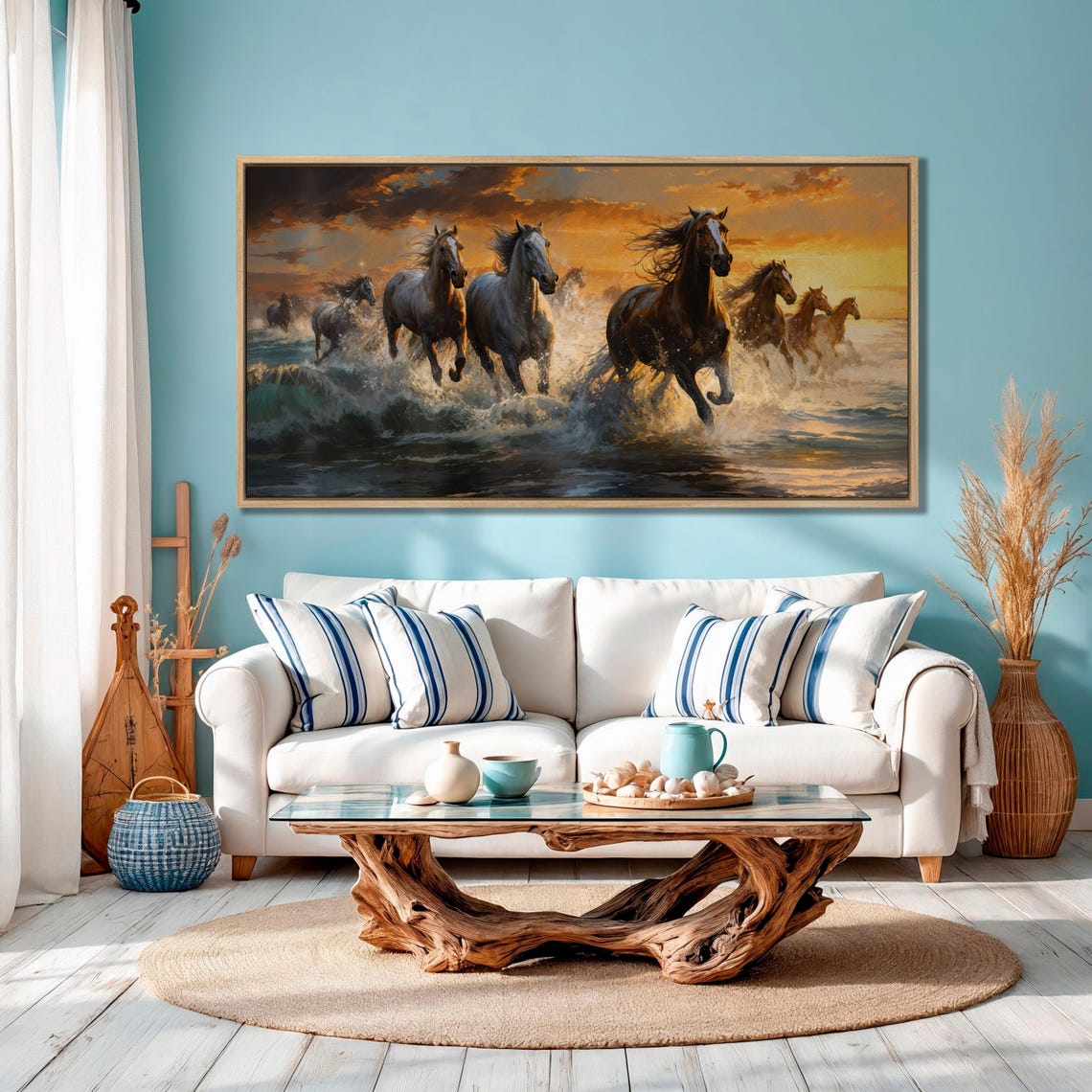 Horses Running Through Ocean Waves Golden Sunset Large Wall Art - Image 2