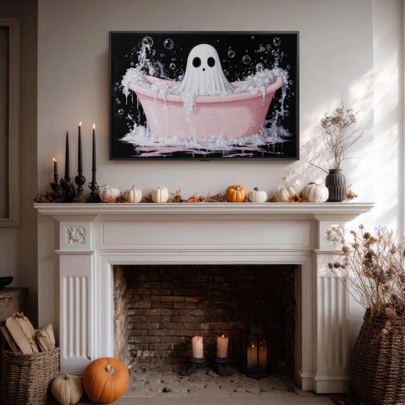 Ghost Bathing In Pink Bubble Bath Whimsical Halloween Wall Art