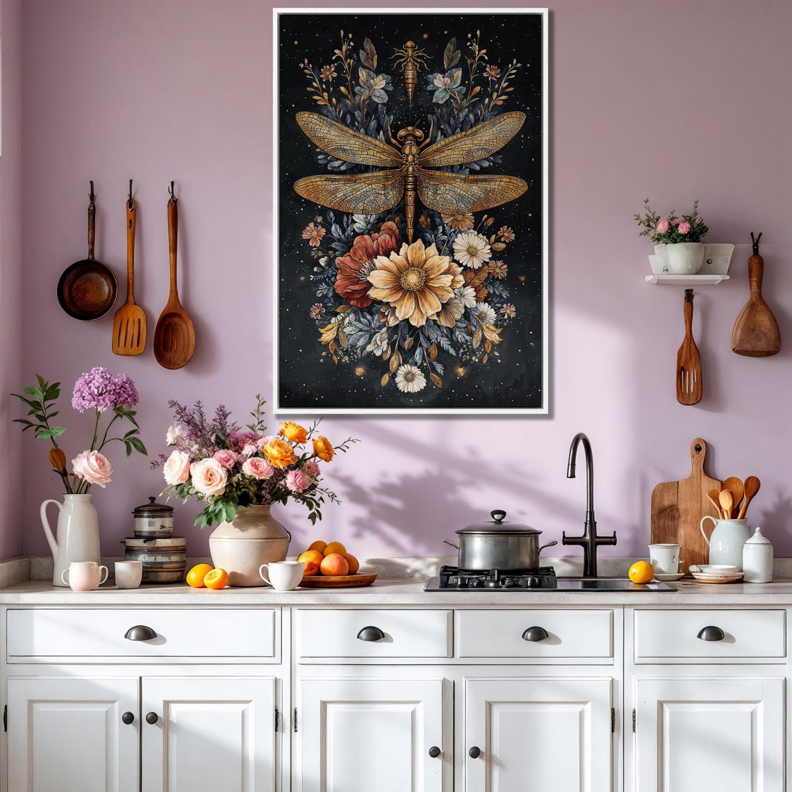 Bronze Dragonfly With Nymph in Autumn Bouquet on Black Poster - Image 3