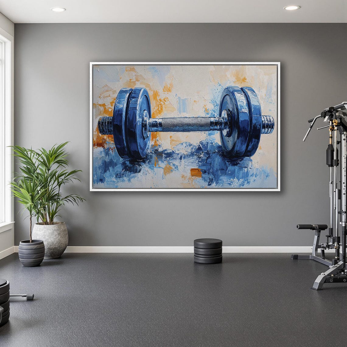 Blue Painted Dumbbell on Abstract Orange Splash Background Poster - Image 5
