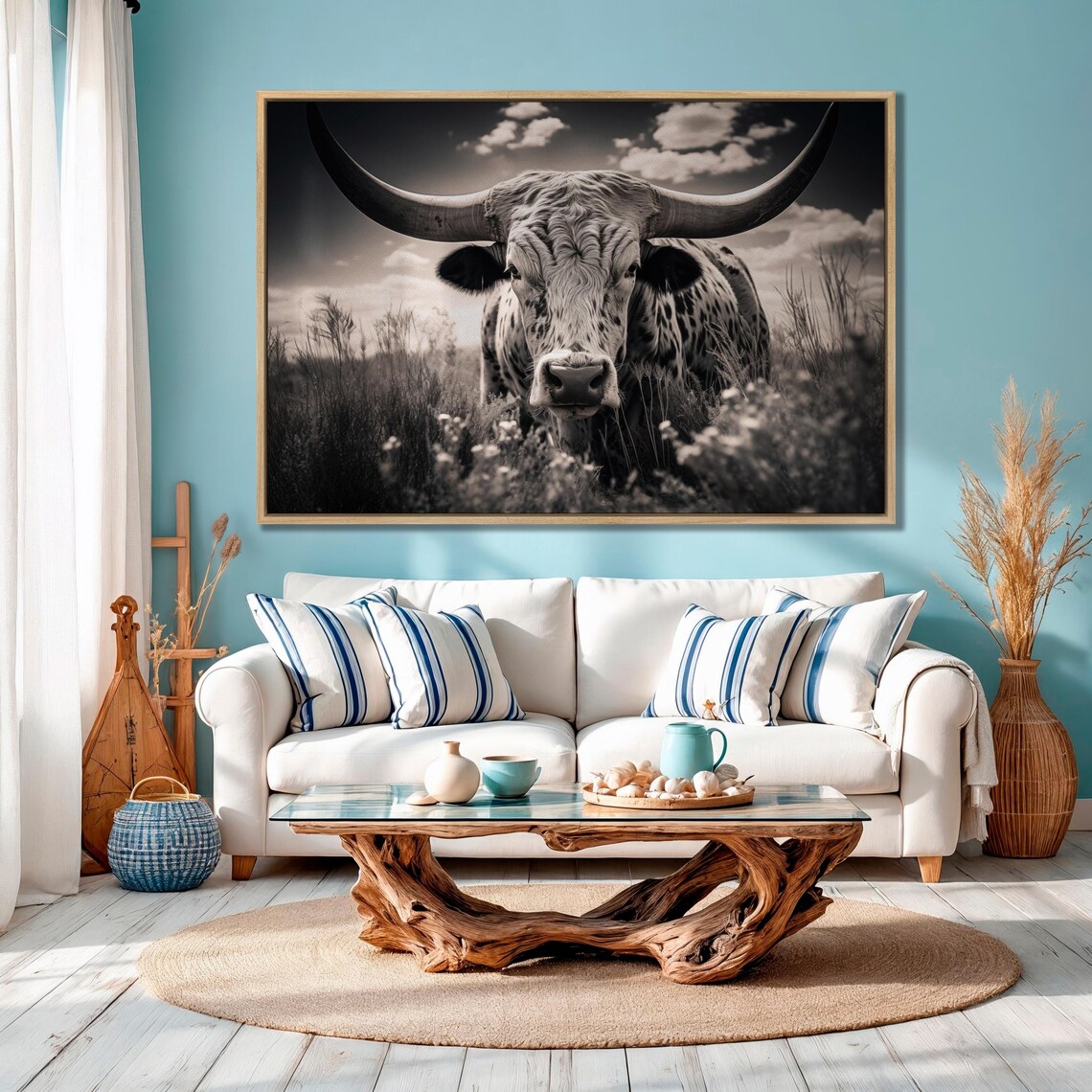 Black And White Texas Longhorn On Prairie Wildlife Photo Poster - Image 2