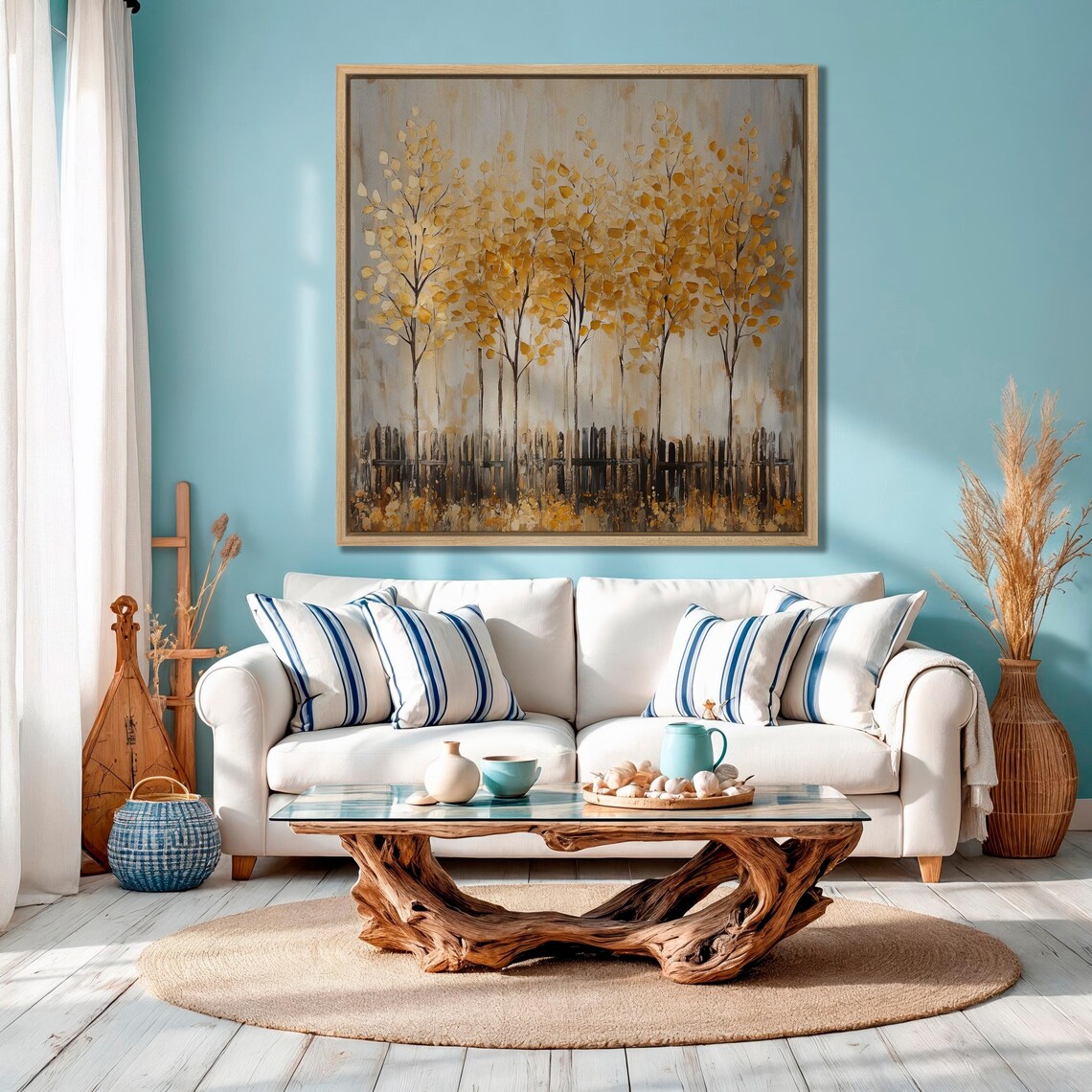 Golden Leaf Trees Standing Behind Rustic Wooden Fence Artwork Poster - Image 3