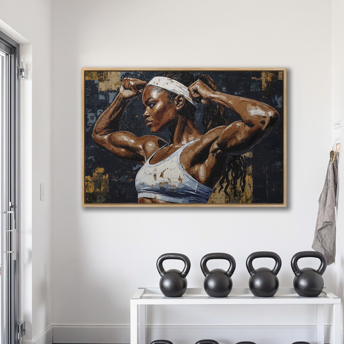 Powerful Woman Flexing with White Headband Dark Gold Fitness Poster - Image 2