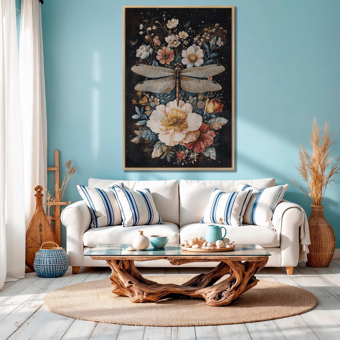 Dragonfly Above Giant Cream Peony On Starry Night Floral Poster - Image 4