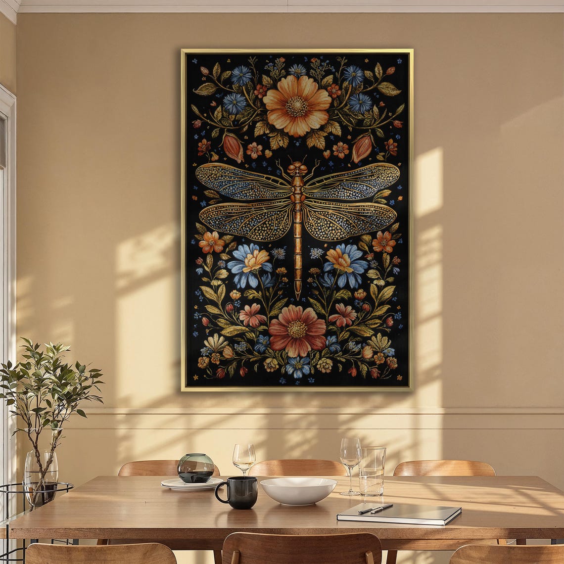 Golden Ornate Dragonfly With Symmetrical Floral Botanical Poster - Image 2