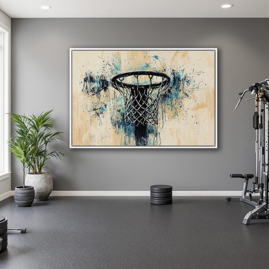 Graffiti Basketball Hoop With Teal Splatter On Warm Beige Print - Image 5