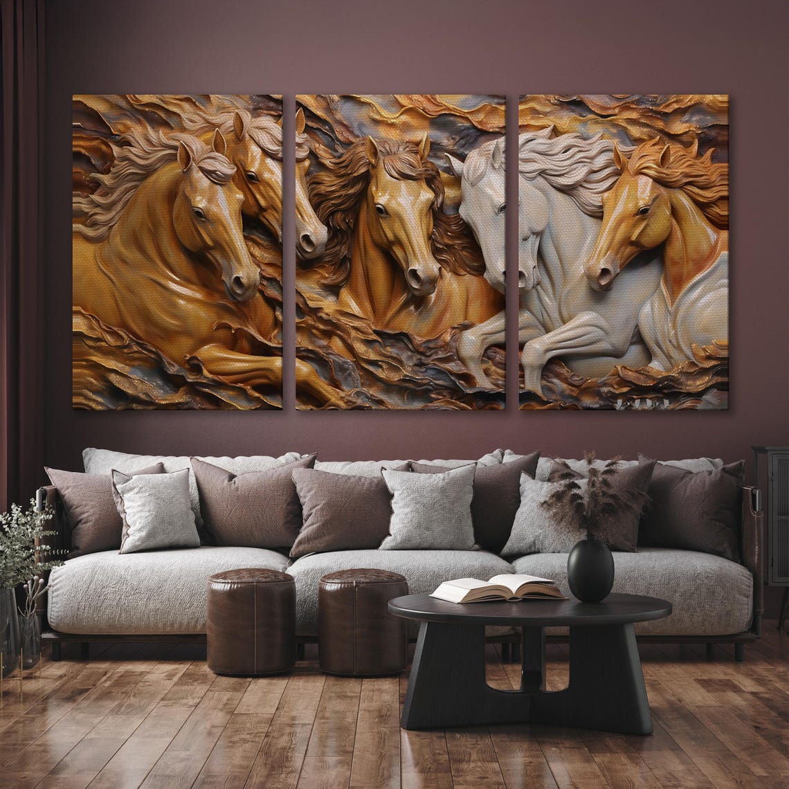 Five Running Horses 3D Sculpted Golden Relief Equestrian Wall Art - Image 6